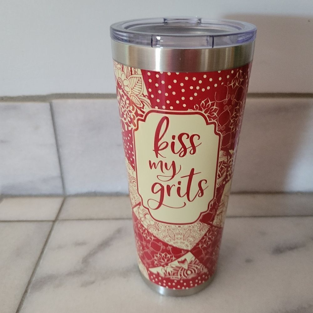 Kiss My Grits Designed Stainless Steel Red Travel Mug Coffee Tumbler